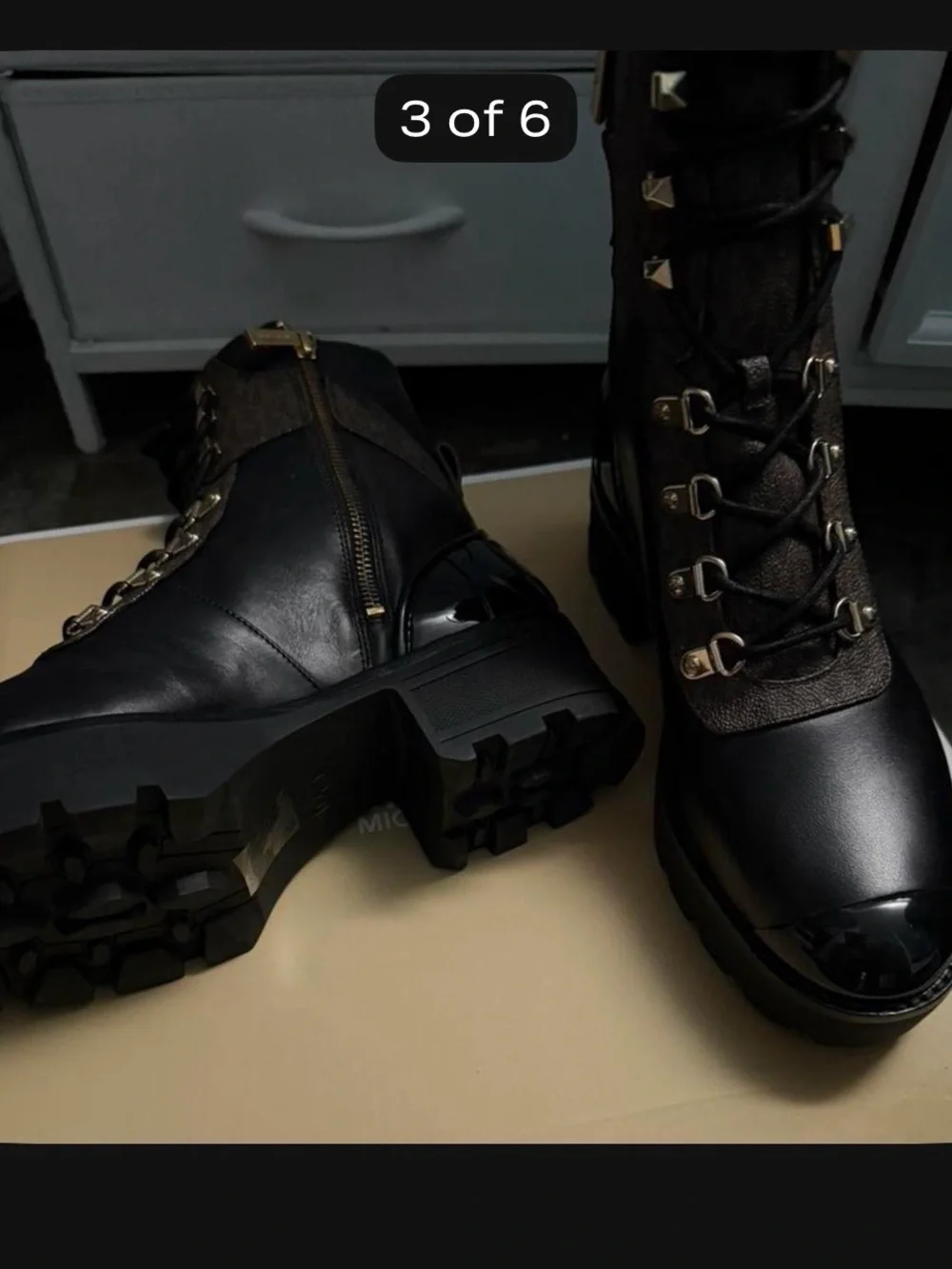 Michael Kors Black & Brown Lace-Up Combat Boots